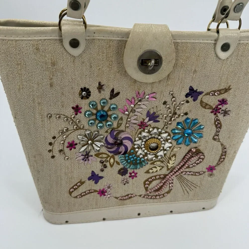 Vintage 60s Jewel Tone  Wood Tote Handbag Collins Style Purse Floral Bucket
